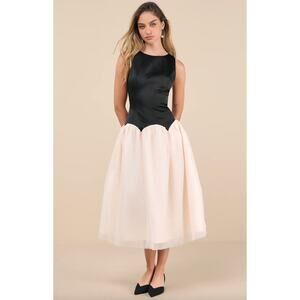Lulus Contemporary Elegance Black and Cream Satin Tulle Midi Dress Large NWT